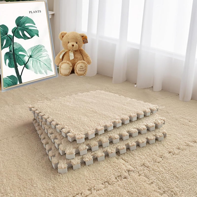 JADERLU 16pcs 0.6" Thickened Interlocking Tile Mats,Fluffy Shaggy Soft EVA Foam Area Rug for Living Room & Bedroom,Non-Slip Protective Floor Carpet Play Mat Kids Baby Dorm Home Decor (11.8ft, Khaki) - Image 1